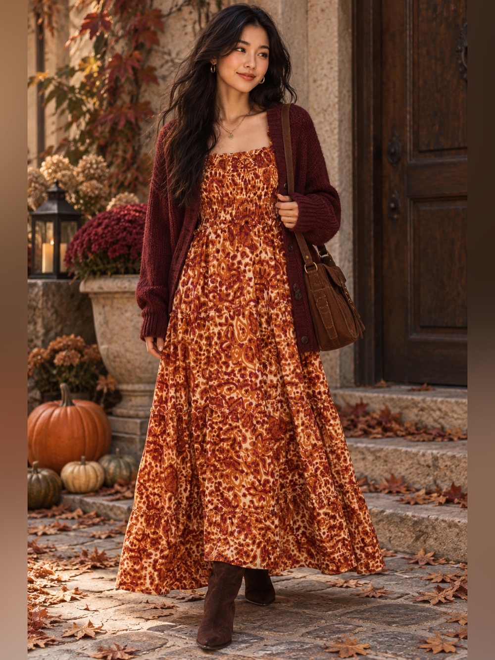 House of Harlow 1960 Smocked Tiered Maxi Dress XS Orange Paisley Boho